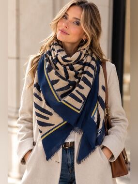 Beymen Oversized Zebra Print Soft Shawl Wrap Navy Beige Yellow Accent